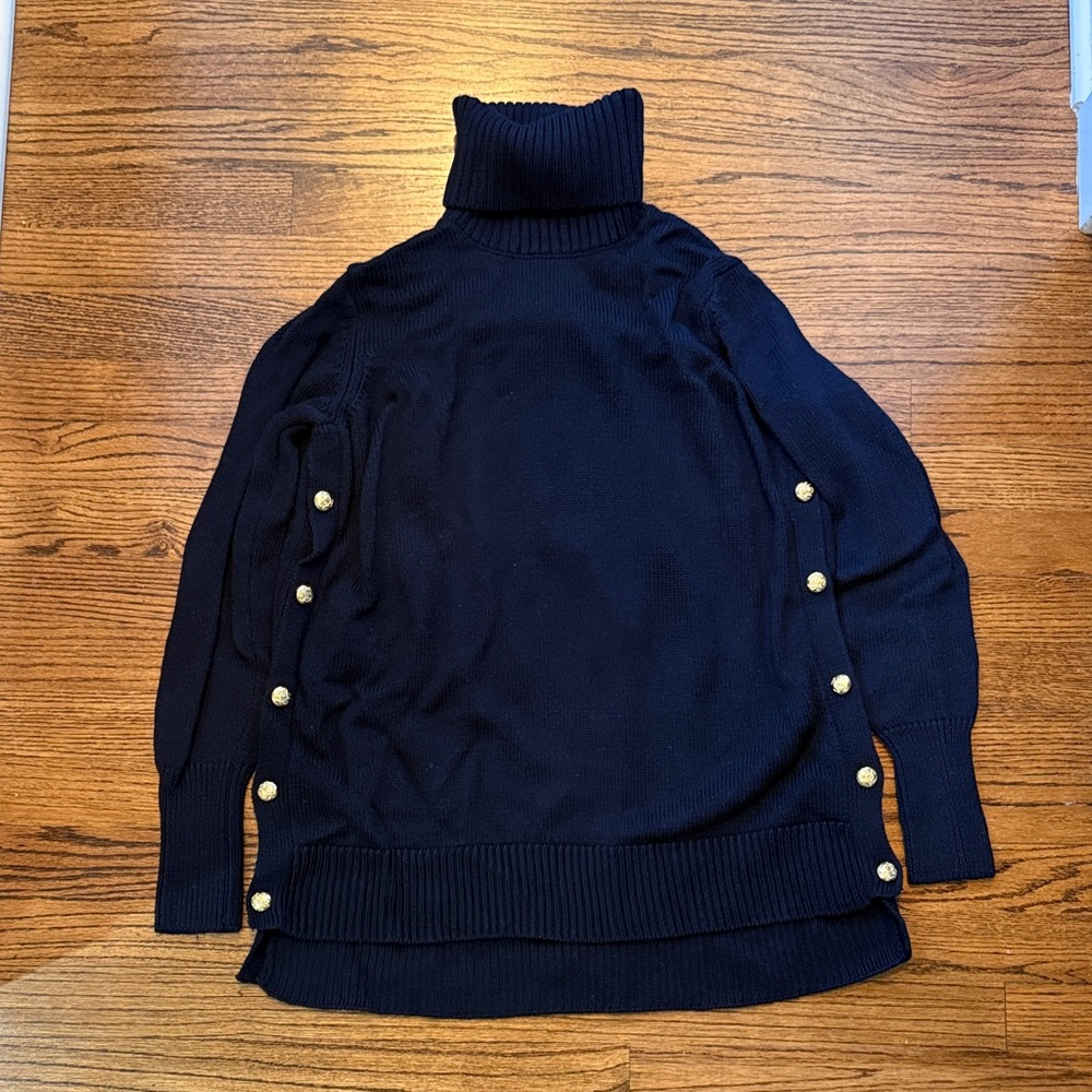 Tuckernuck Navy Turtleneck Sweater with Gold Button Accents